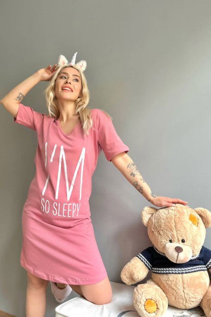 Pembe Sleepy Baskılı Kadın Gecelik - 3