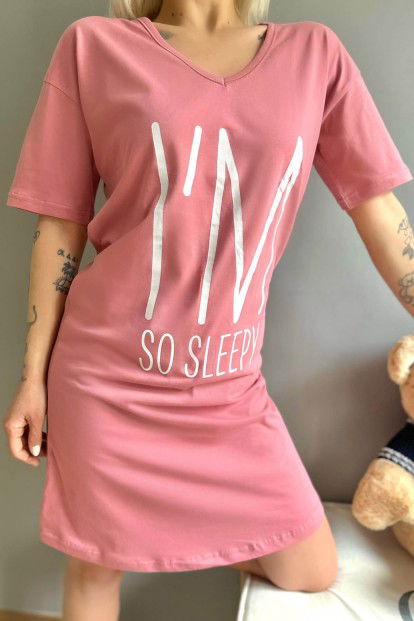 Pembe Sleepy Baskılı Kadın Gecelik - 4