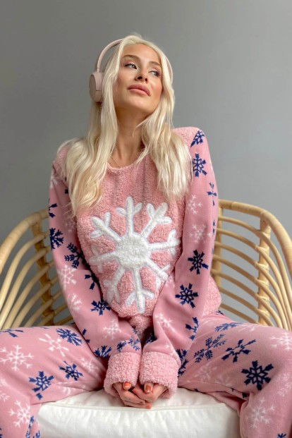 Pembe Snefnug Desenli Kadın Peluş Pijama Takımı - 2