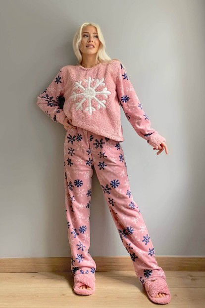 Pembe Snefnug Desenli Kadın Peluş Pijama Takımı - 4