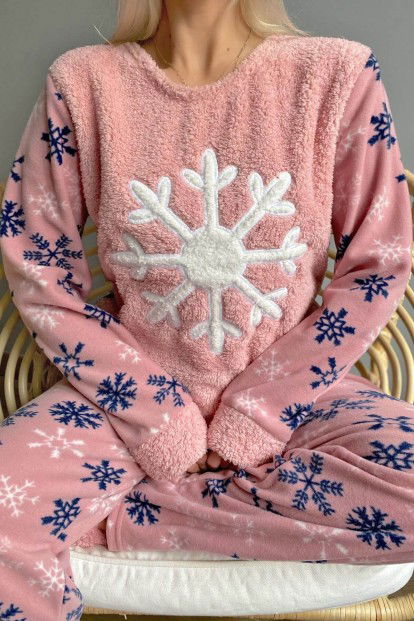 Pembe Snefnug Desenli Kadın Peluş Pijama Takımı - 5