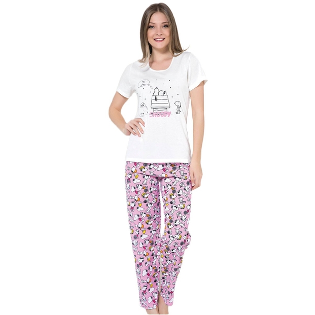Pembe Snoopy Desenli Kısa Kollu Pijama Takımı - 1