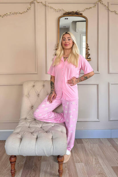 Pembe Soft Daisy Desenli Bambu Önden Düğmeli Kısa Kol Pijama Takımı - 6