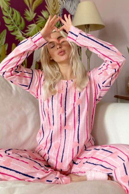 Pembe Somon Çizgi Baskılı Uzun Kol Kadın Pijama Takımı - 1