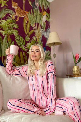 Pembe Somon Çizgi Baskılı Uzun Kol Kadın Pijama Takımı - 3