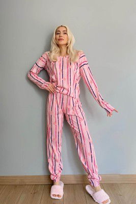 Pembe Somon Çizgi Baskılı Uzun Kol Kadın Pijama Takımı - 4