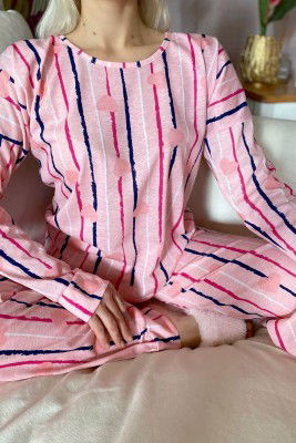 Pembe Somon Çizgi Baskılı Uzun Kol Kadın Pijama Takımı - 5