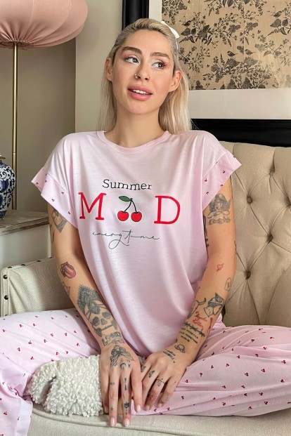 Pembe Summer Mod Baskılı Örme Kısa Kollu Kadın Pijama Takımı - 1