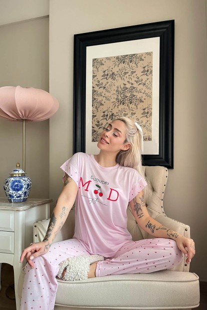 Pembe Summer Mod Baskılı Örme Kısa Kollu Kadın Pijama Takımı - 2