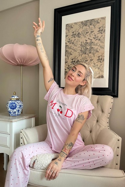 Pembe Summer Mod Baskılı Örme Kısa Kollu Kadın Pijama Takımı - 3