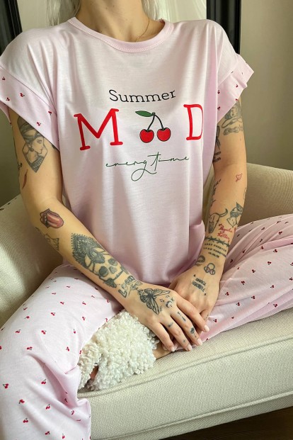 Pembe Summer Mod Baskılı Örme Kısa Kollu Kadın Pijama Takımı - 4