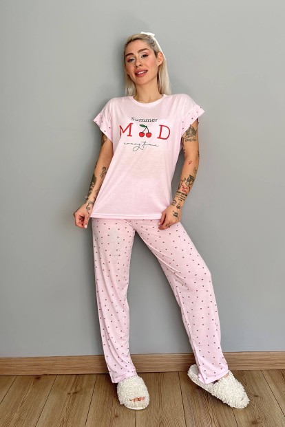 Pembe Summer Mod Baskılı Örme Kısa Kollu Kadın Pijama Takımı - 5