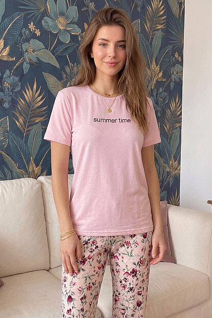 Pembe Summer Time Desenli Kısa Kollu Örme Kadın Pijama Takımı - 5
