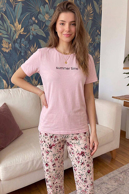 Pembe Summer Time Desenli Kısa Kollu Örme Kadın Pijama Takımı - 6