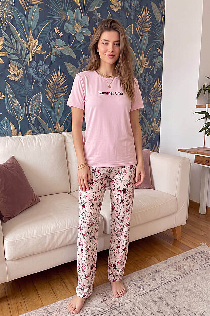 Pembe Summer Time Desenli Kısa Kollu Örme Kadın Pijama Takımı - 7