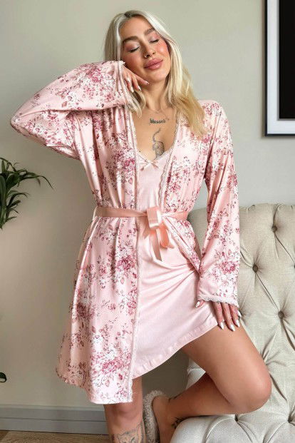 Pembe Svila Exclusive Örme Sabahlıklı Gecelik Kadın Pijama Takımı - 1
