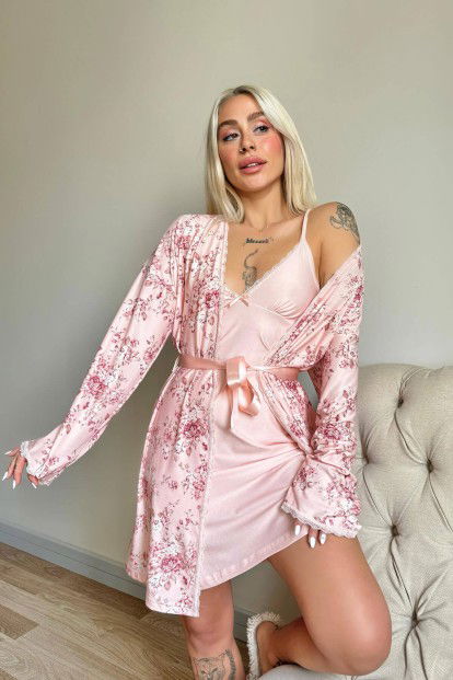 Pembe Svila Exclusive Örme Sabahlıklı Gecelik Kadın Pijama Takımı - 3