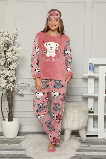 Pembe Sweet Bear Desenli Kadın Peluş Pijama Takımı - 1