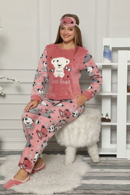 Pembe Sweet Bear Desenli Kadın Peluş Pijama Takımı - 2