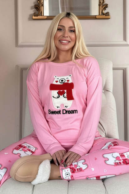 Pembe Sweet Dream Desenli Termal Kadın Pijama Takımı 