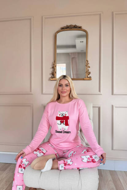 Pembe Sweet Dream Desenli Termal Kadın Pijama Takımı - 2