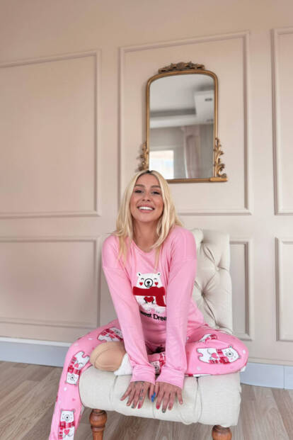 Pembe Sweet Dream Desenli Termal Kadın Pijama Takımı - 3