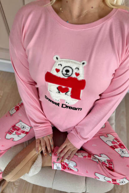 Pembe Sweet Dream Desenli Termal Kadın Pijama Takımı - 4