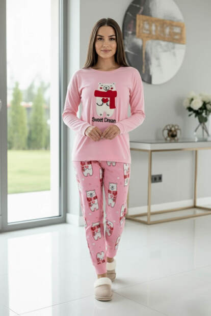 Pembe Sweet Dream Desenli Termal Kadın Pijama Takımı - 6