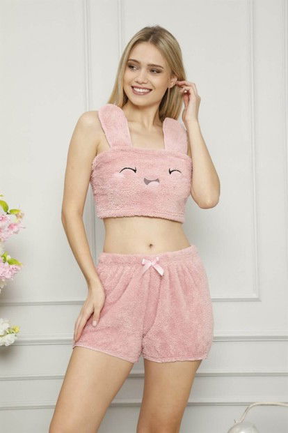 Pembe Tavşan Nakışlı Kulak Detaylı Tam Peluş Büstiyerli Takım - 1