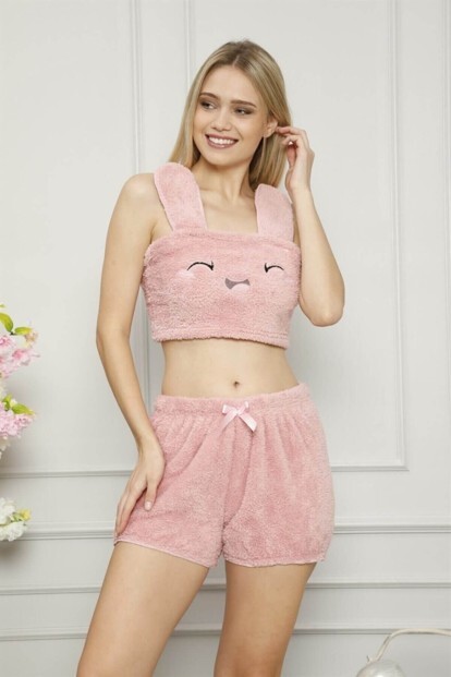 Pembe Tavşan Nakışlı Kulak Detaylı Tam Peluş Büstiyerli Takım - 6