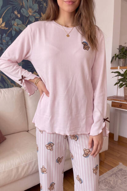Pembe Urso Desenli Waffle Soft Uzun Kollu Kadın Pijama Takım - 6