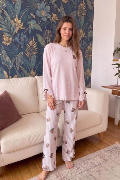 Pembe Urso Desenli Waffle Soft Uzun Kollu Kadın Pijama Takım - 7