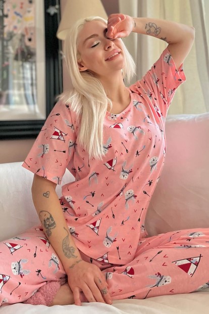Pembe Wild Rabbit Baskılı Kısa Kollu Kadın Pijama Takımı - 1