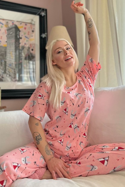 Pembe Wild Rabbit Baskılı Kısa Kollu Kadın Pijama Takımı - 2