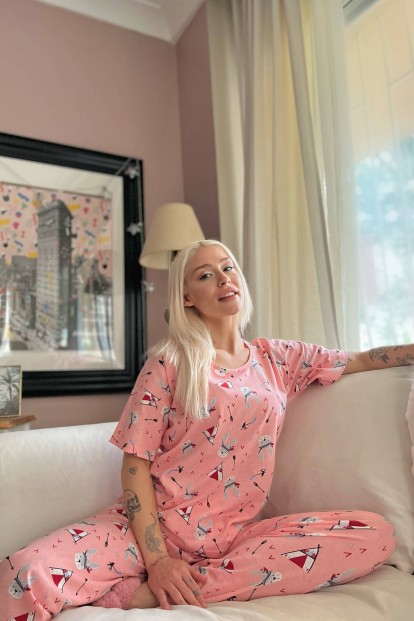 Pembe Wild Rabbit Baskılı Kısa Kollu Kadın Pijama Takımı - 3