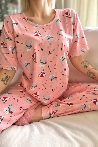 Pembe Wild Rabbit Baskılı Kısa Kollu Kadın Pijama Takımı - 4