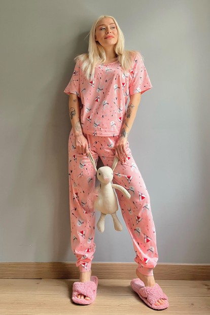 Pembe Wild Rabbit Baskılı Kısa Kollu Kadın Pijama Takımı - 5