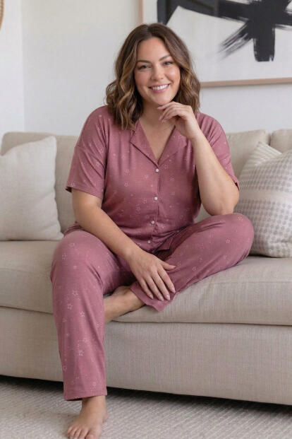 Pembe Yıldız Desenli Büyük Beden Kısa Kollu Önden Düğmeli Bambu Kadın Pijama Takımı - 3