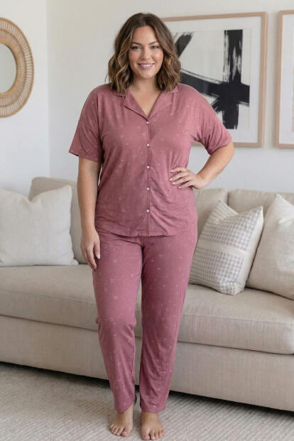 Pembe Yıldız Desenli Büyük Beden Kısa Kollu Önden Düğmeli Bambu Kadın Pijama Takımı - 5