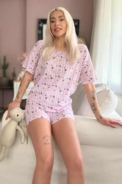 Pembe Yıldız Tavşan Baskılı Şortlu Kadın Pijama Takımı - 1