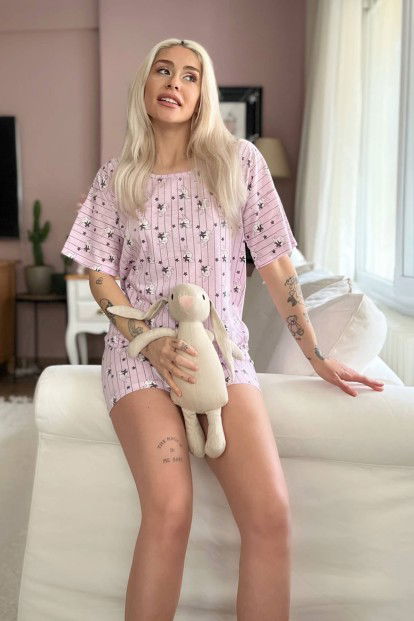 Pembe Yıldız Tavşan Baskılı Şortlu Kadın Pijama Takımı - 2