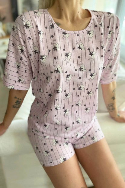 Pembe Yıldız Tavşan Baskılı Şortlu Kadın Pijama Takımı - 4