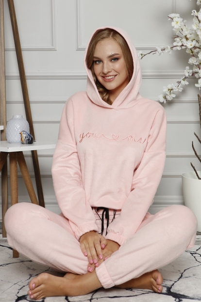 Pembe You & Me Desenli Kapşonlu Kadın Peluş Polar Pijama Takımı - 1