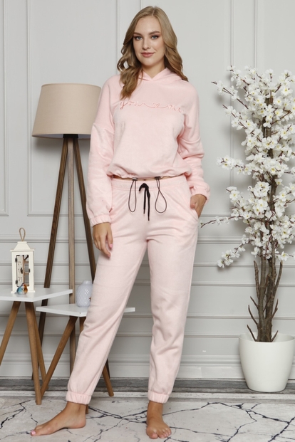 Pembe You & Me Desenli Kapşonlu Kadın Peluş Polar Pijama Takımı - 2