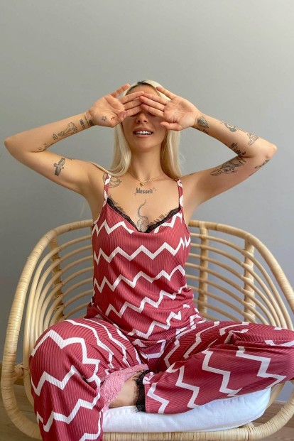 Pembe Zigzag Dantelli İp Askılı Örme Kadın Pijama Takımı - 2