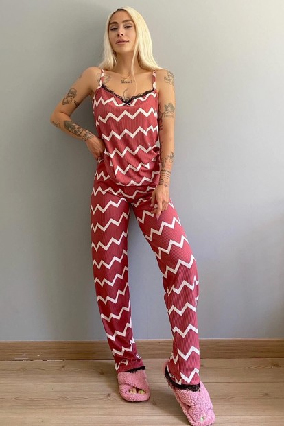 Pembe Zigzag Dantelli İp Askılı Örme Kadın Pijama Takımı - 4