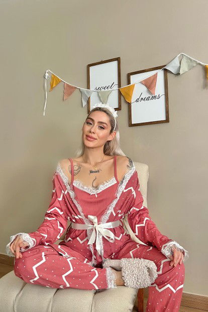 Pembe Zigzag Desenli Sabahlıklı Pegasus Pijama Takımı - 2