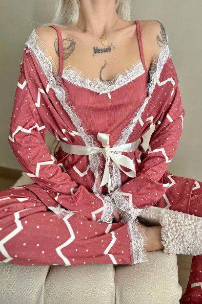 Pembe Zigzag Desenli Sabahlıklı Pegasus Pijama Takımı - 4
