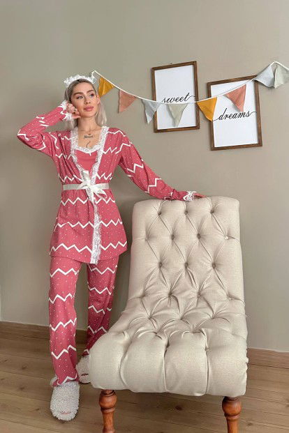 Pembe Zigzag Desenli Sabahlıklı Pegasus Pijama Takımı - 5