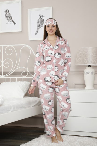 Penguen Desenli Kadın Önden Düğmeli Yumoş Peluş Pijama Takımı - 1